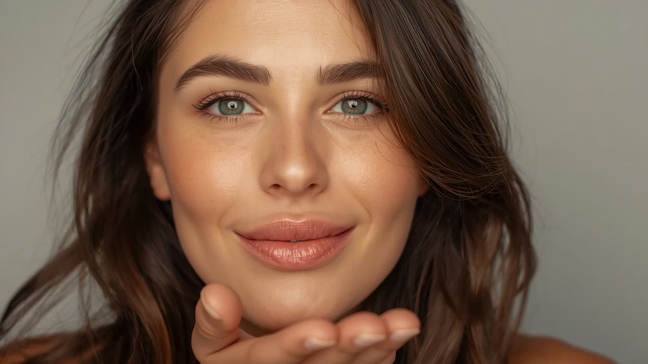 Recording model smiling, lifting right hand and blowing kiss toward viewer in gray backdrop