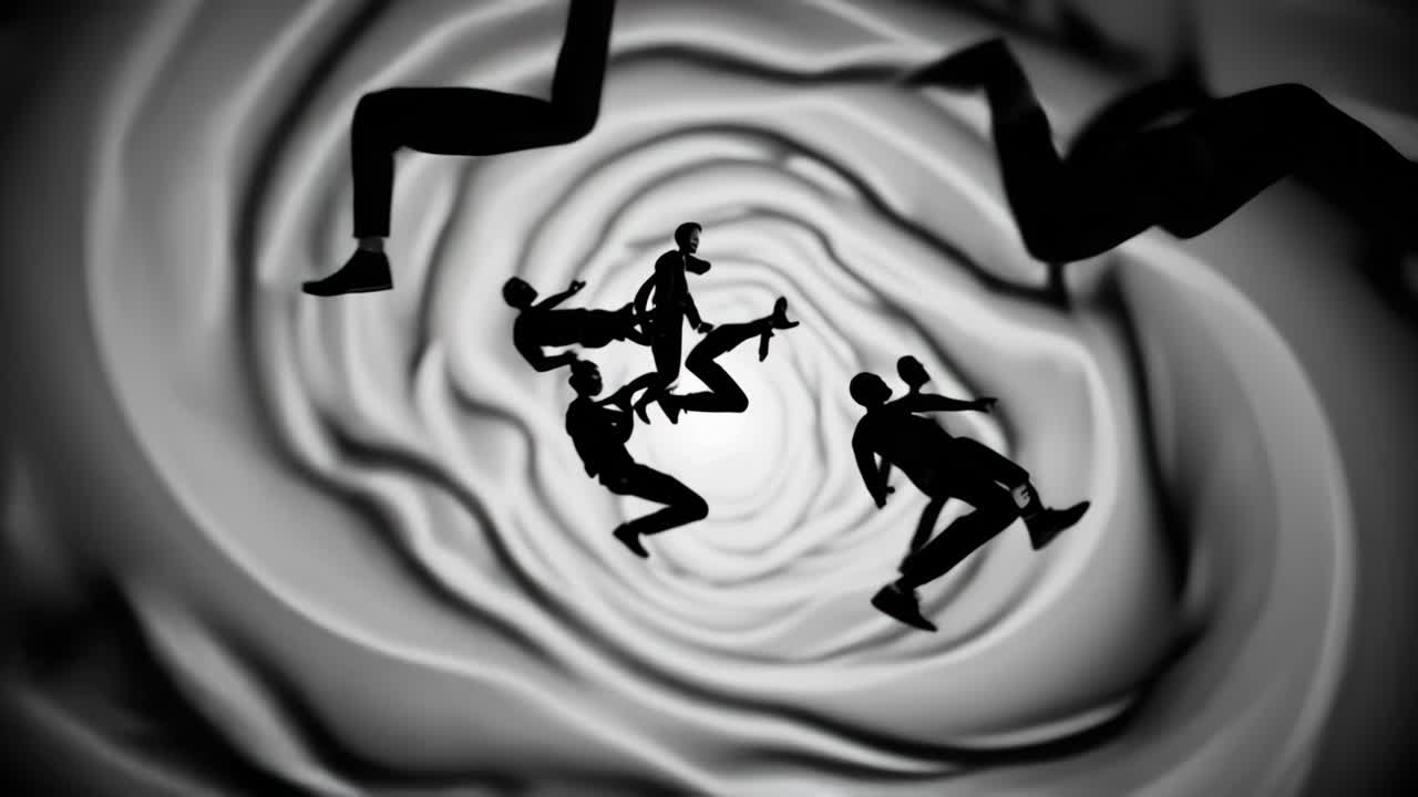 Silhouettes Falling Through a Swirling Vortex