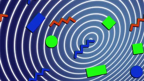 animación de formas geométricas repetidas verdes, azules y rojas sobre círculos blancos concéntricos en azul
