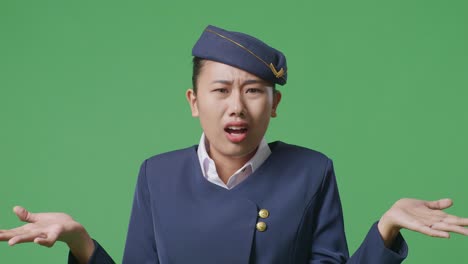 close up of wondering asian woman air hostess saying why and standing doubtfully in the green screen background studio