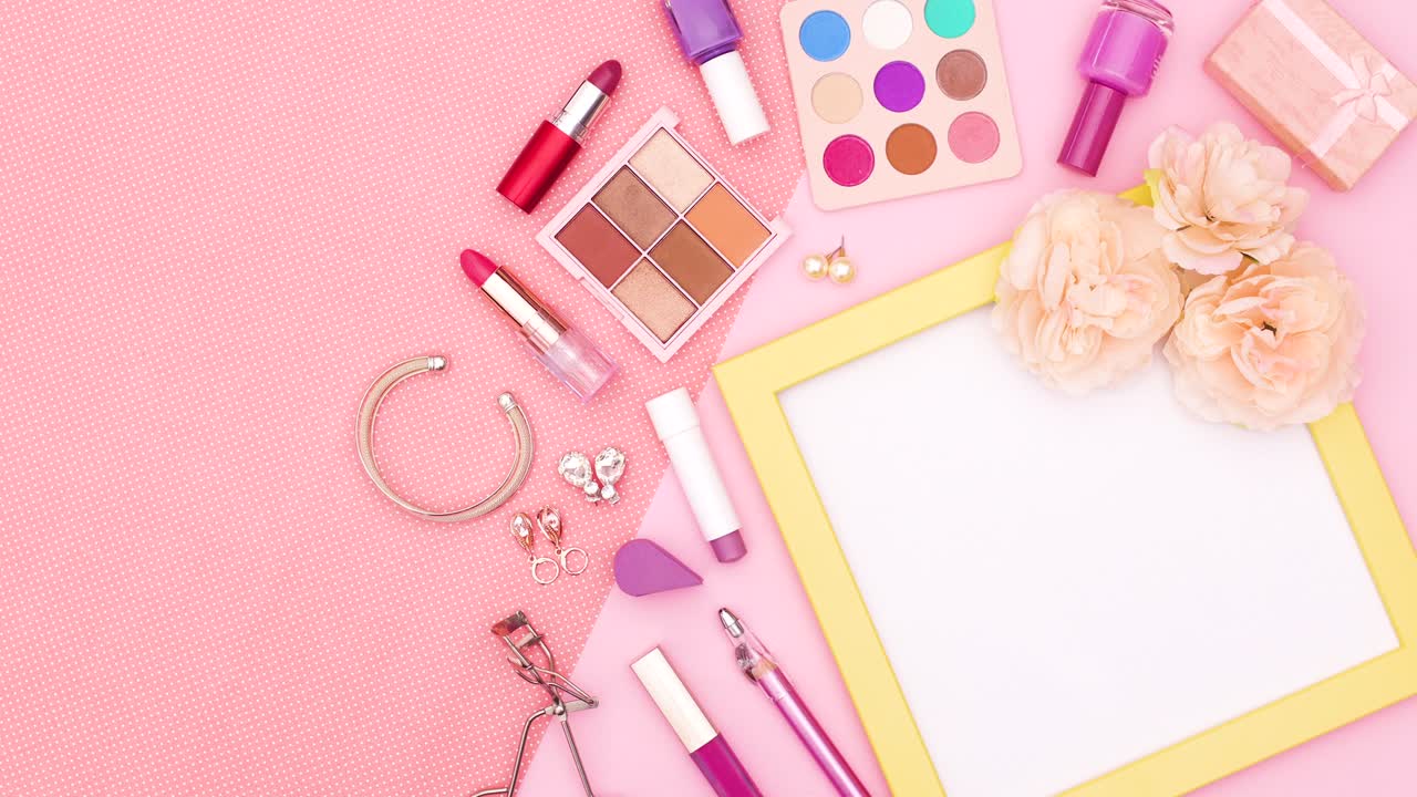 Make up products move around yellow frame for text on right side . Stop motion