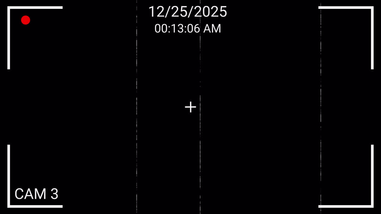 Security Camera Interface Overlay with Glitch Effect on Black Screen