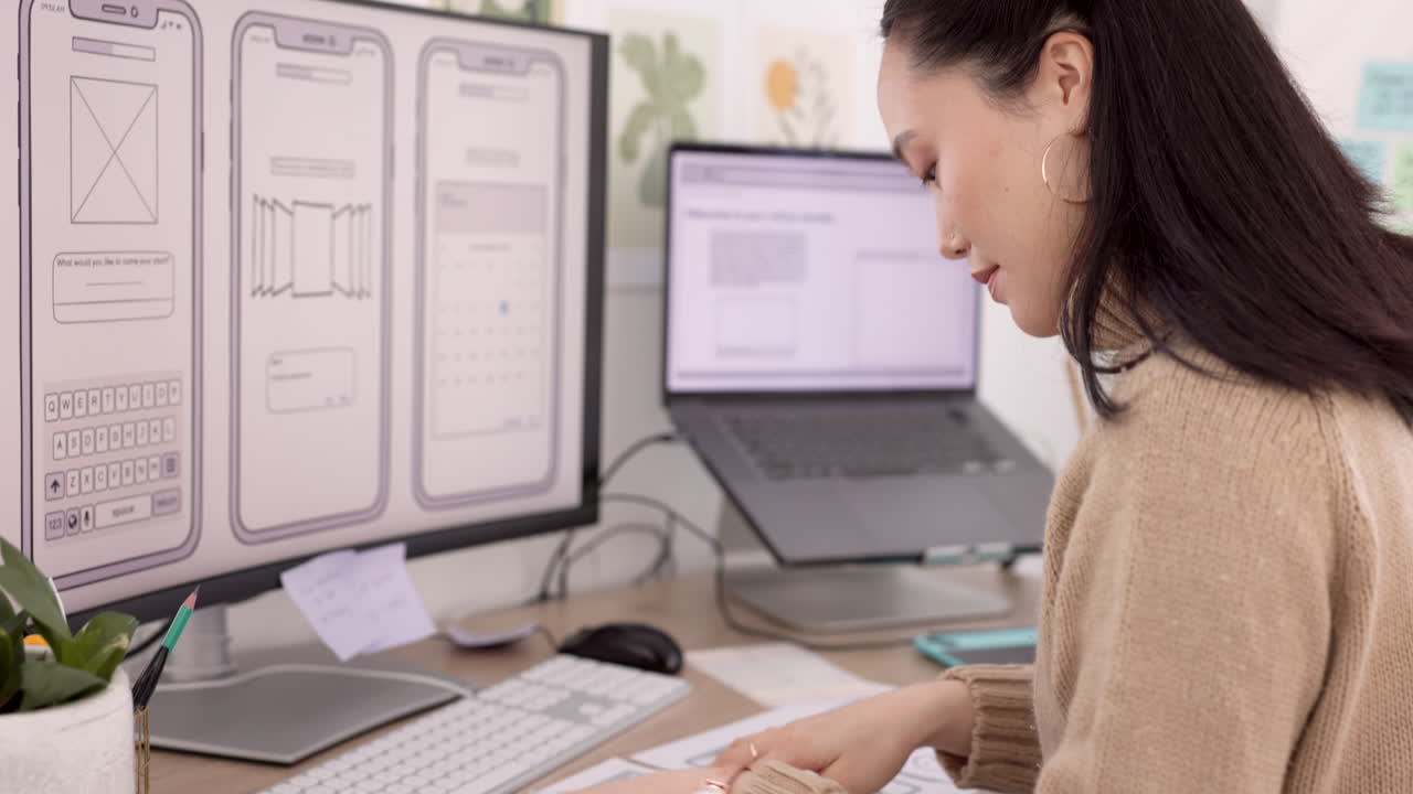 mujer, desarrollador y wireframes con tecnología