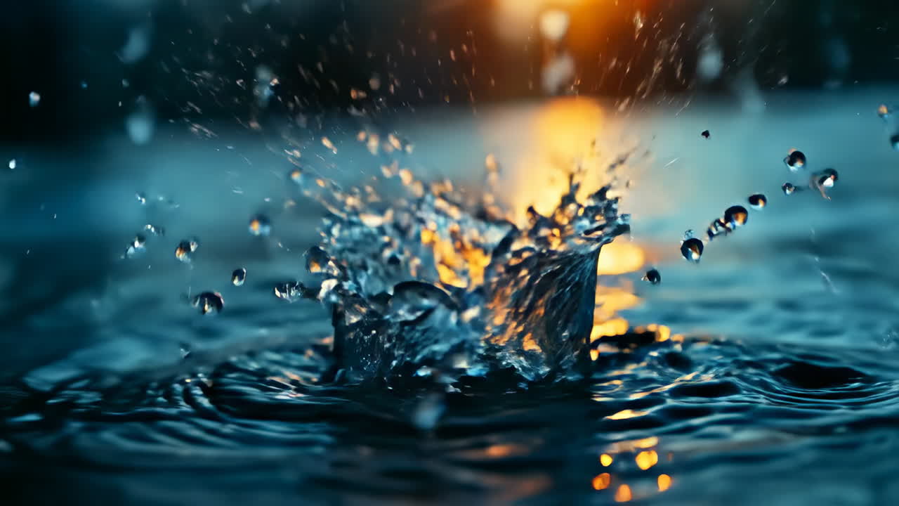 Water splash at sunset in calm lake. Water splashes gracefully in a serene lake as the sun sets, creating a beautiful scene filled with reflections