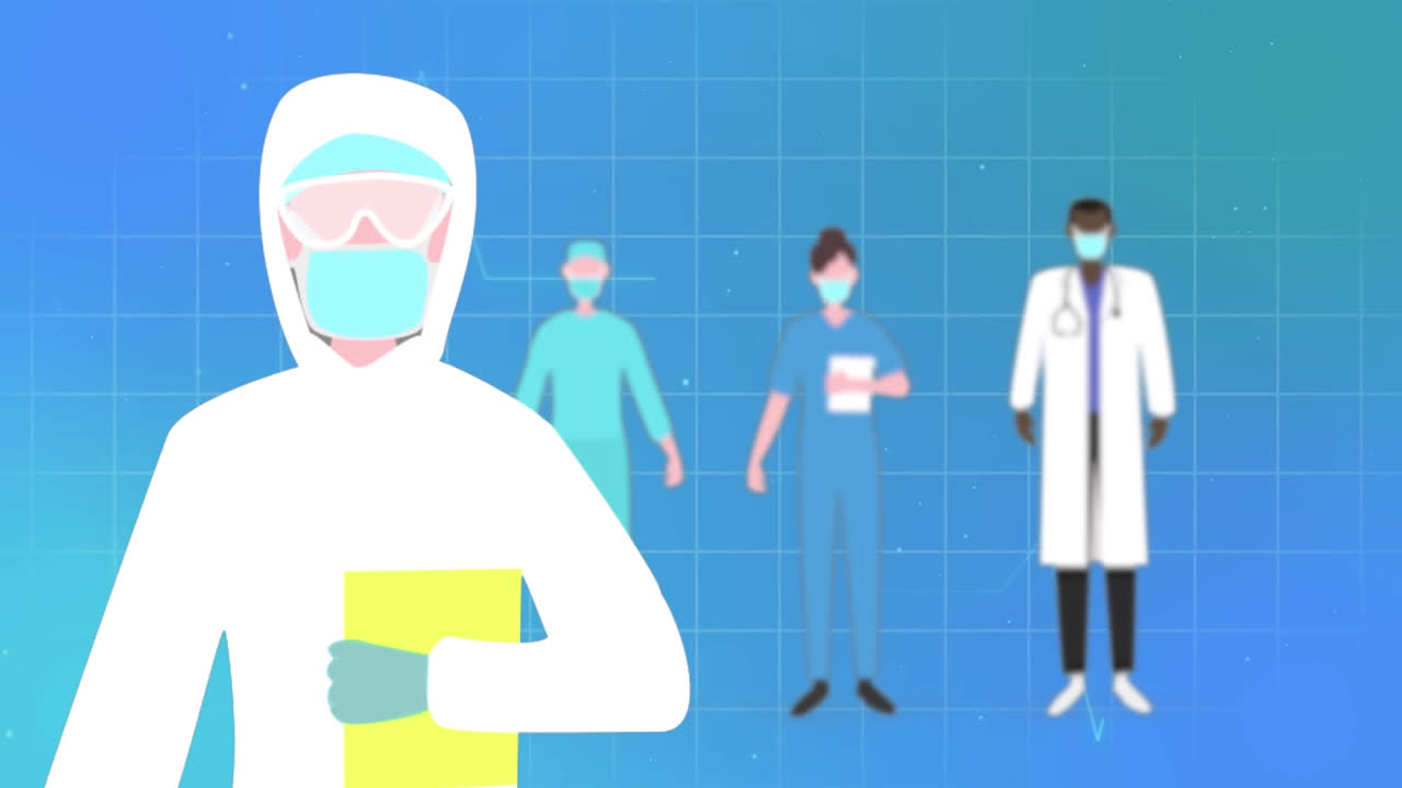 파란색 배경에 다양한 의사와 함께 심장 검사기의 애니메이션