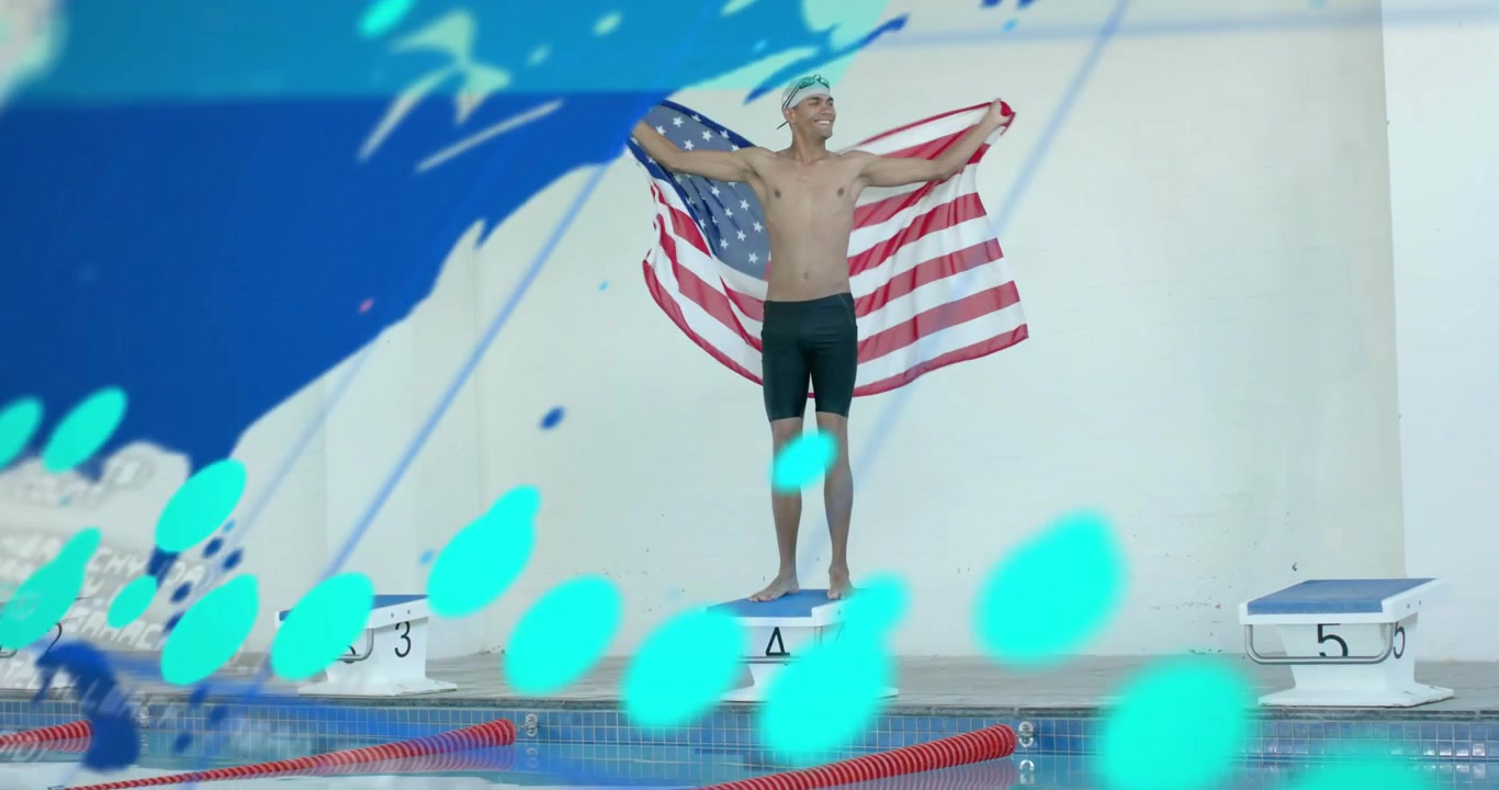 Zwemmer op startblok 4 verschuift grip op Amerikaanse vlag, initieert technische data-overlay die zwemstatistieken toont.