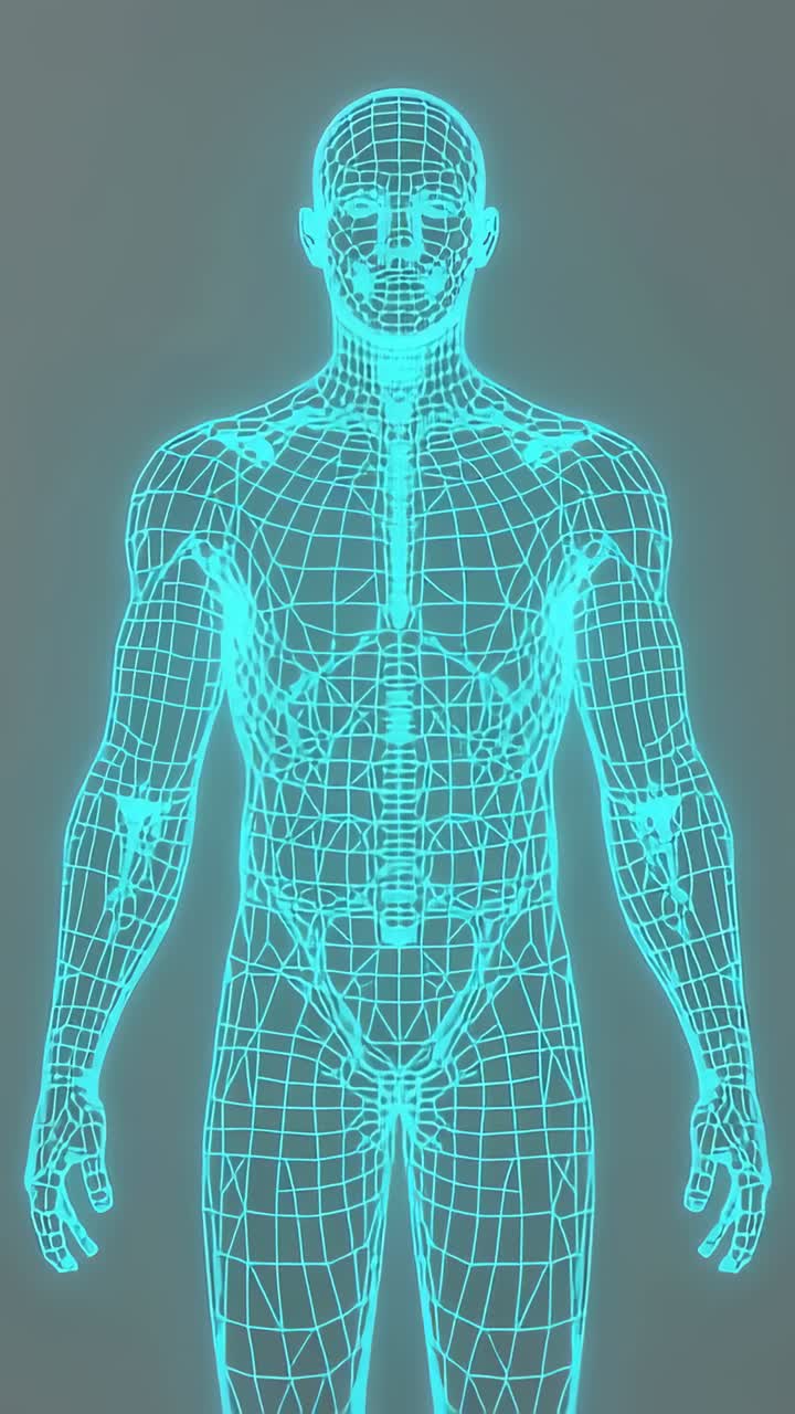 Video verticale: mesh ciano brillante pulsante, scansione del torso su sfondo grigio, che mostra la spina dorsale