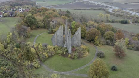 aerial drone shot of the friedland memorial