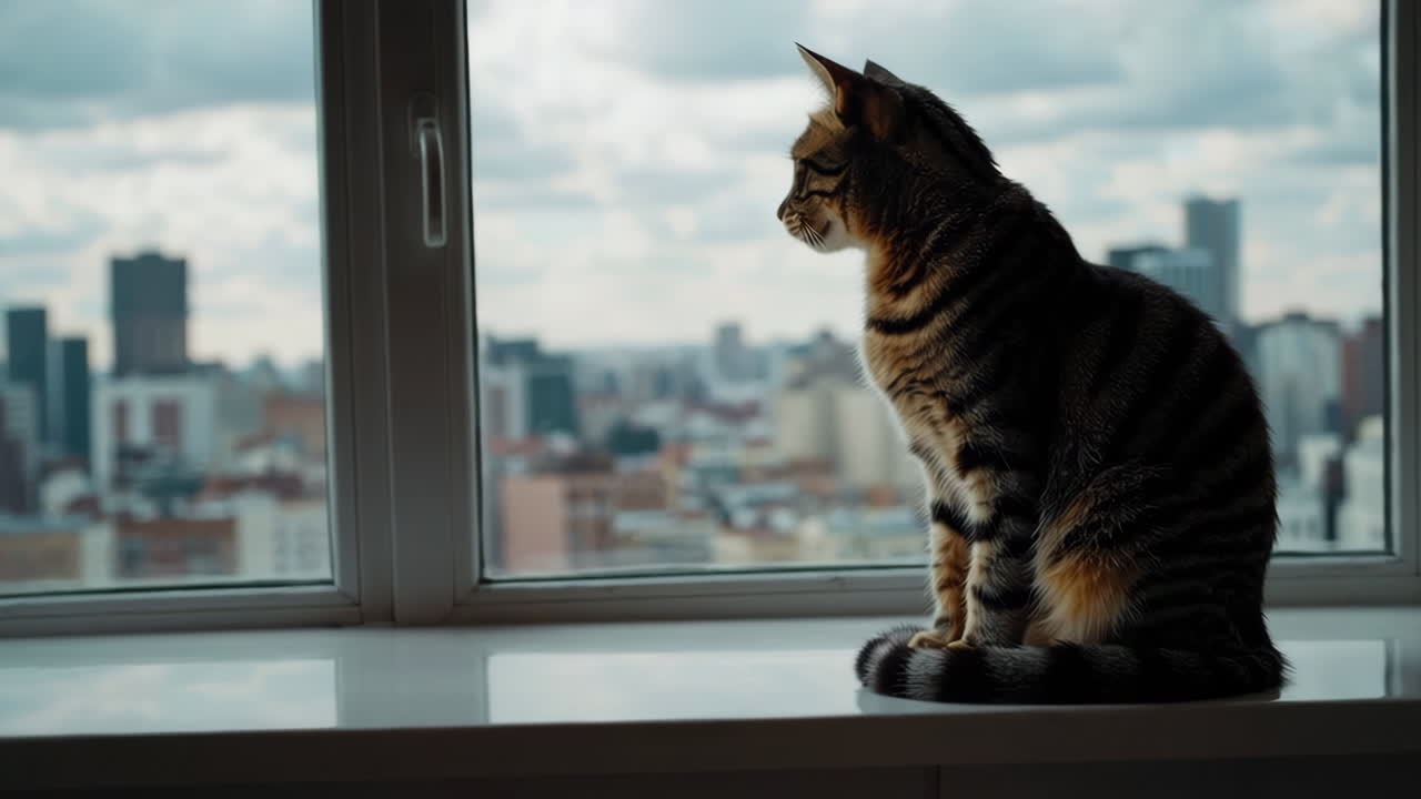 Cat Watching the Cityscape from a Window
