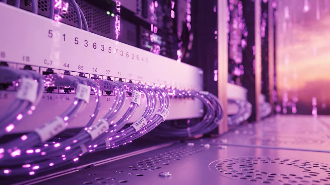 Intricate Network of Cables and Servers Illuminated by a Purple Glow in a Modern Data Center Environment Focusing on Technology and Connectivity
