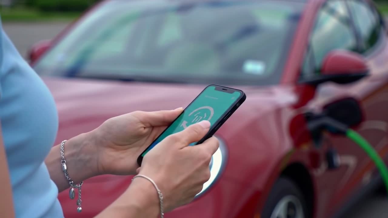 Female Driver Checks Battery Status on Smartphone App While Charging Red Electric Car