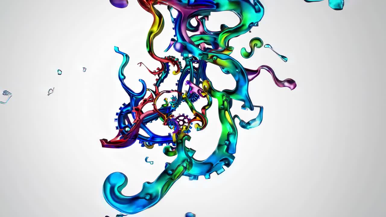 Abstract video art with colorful, swirling 3D shapes resembling gears and ribbons