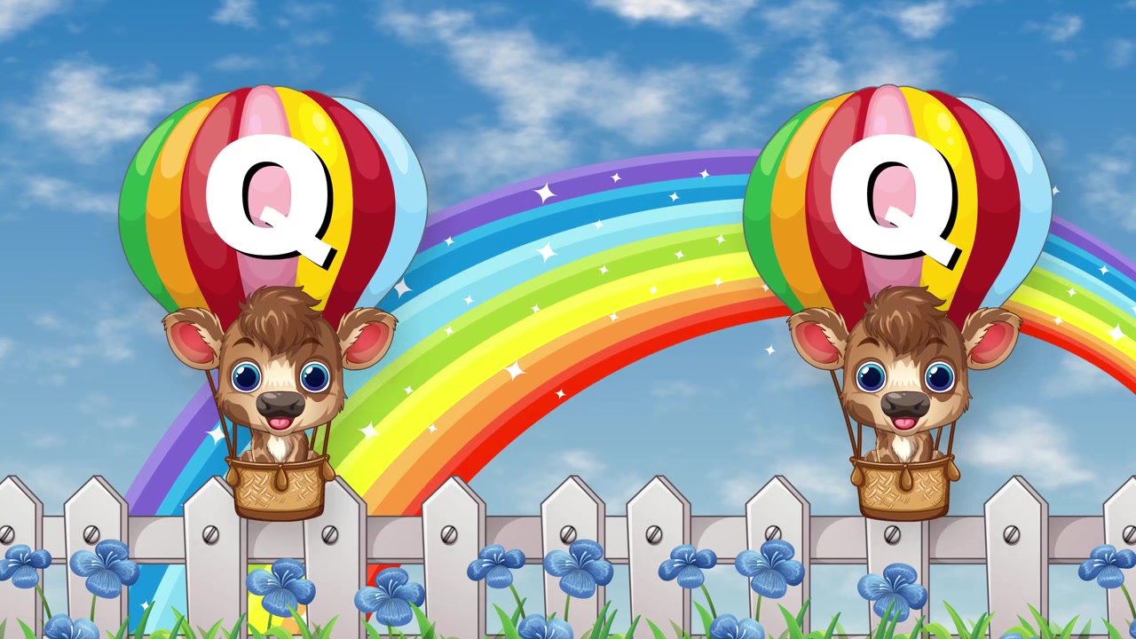 Animais de desenho animado fofos flutuam em balões de ar quente coloridos em um fundo de céu de arco-íris brilhante