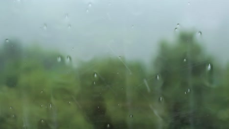 Regentropfen-Auf-Einem-Fenster-In-Einem-Haus-Oder-Einem-Auto-Und-Mit-Grüner-Natur-Im-Hintergrund