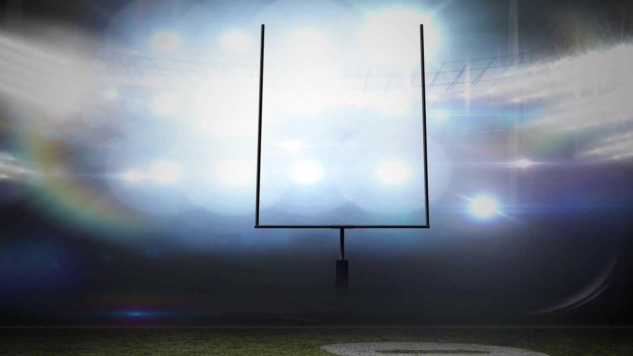 Animation of american football goalposts and cloudy sky at floodlit stadium