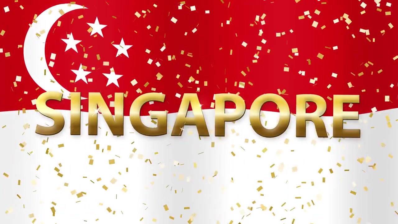 Bandiera nazionale di Singapore che sventola con testo dorato e coriandoli che cadono in un loop continuo.