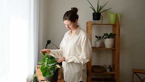 smiling woman caring for peperomia obtusifolia plant at home