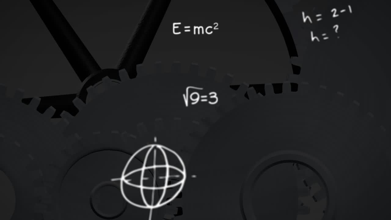 Animation of mathematical equations over cogs on white background
