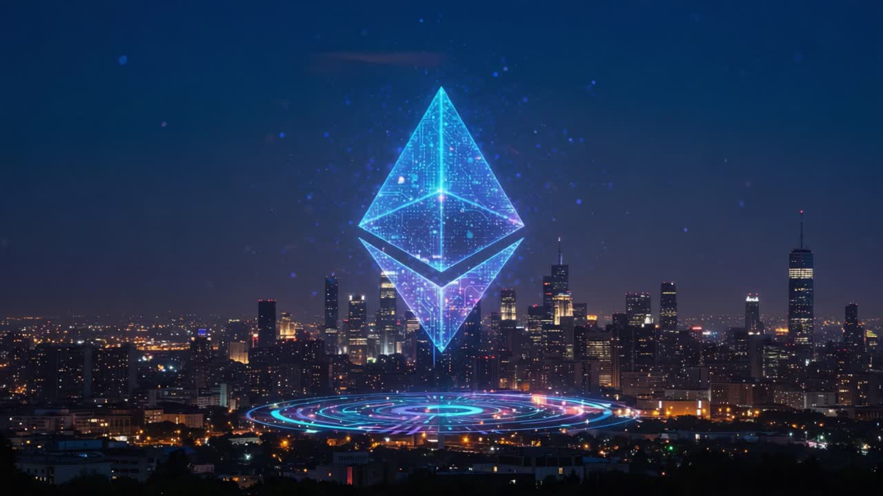 A Stunning Nighttime Visualization of an Ethereal Blockchain Symbol Illuminating a City Skyline, Melding Technology with Urban Beauty in a Digital Era