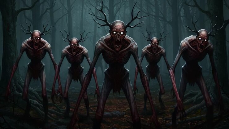 Creature sinistre si annidano nelle ombre di una foresta incantata, i loro occhi fiammeggianti che trafiggono l'oscurità, creando un'atmosfera di disagio e terrore per qualsiasi passante.