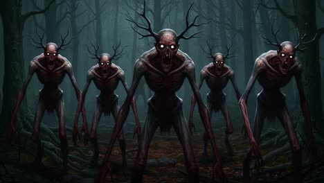 sinister creatures lurk in the shadows of an enchanted forest, their glaring eyes piercing the darkness, creating an atmosphere of unease and terror for any passerby