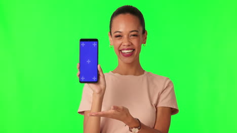 teléfono, maquillaje y mujer en el estudio con verde