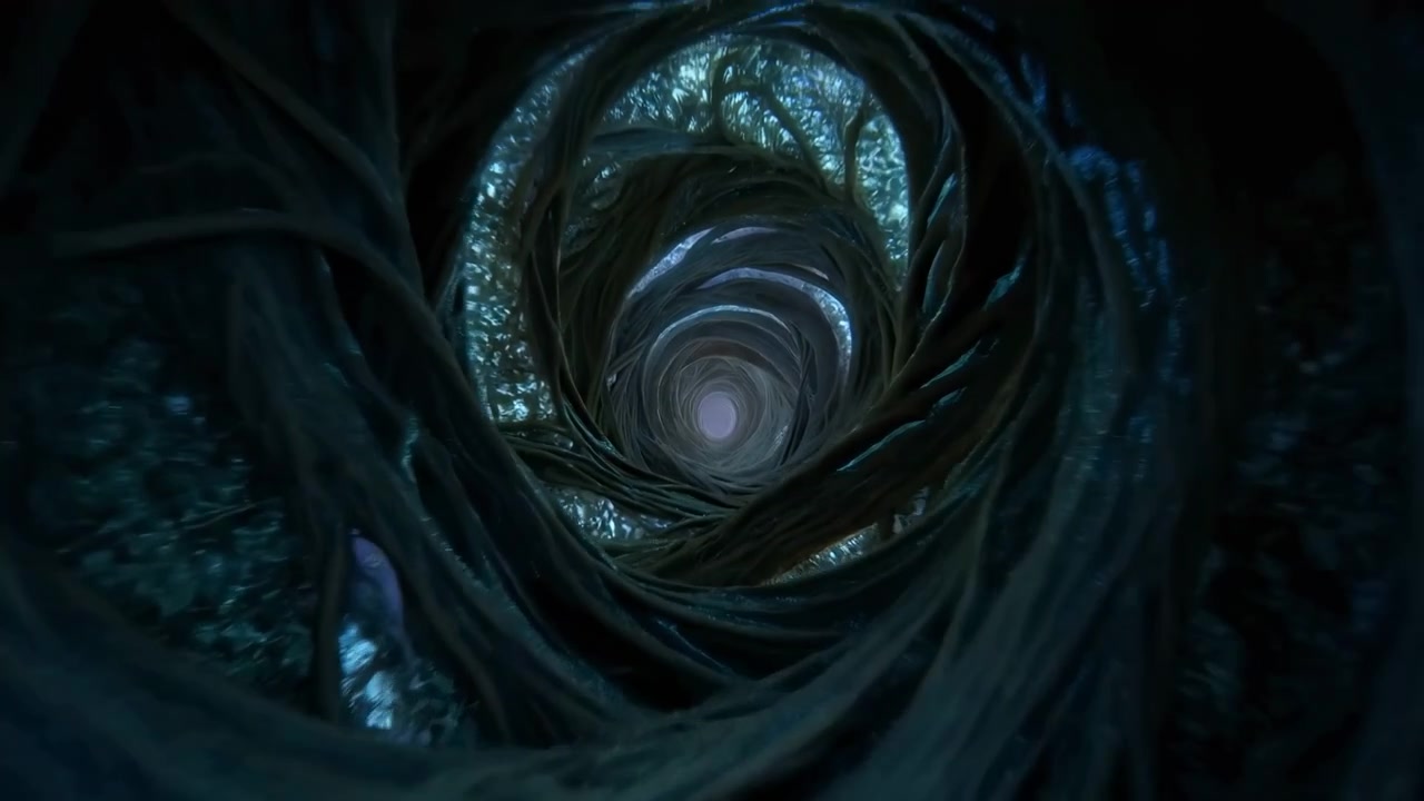 Bioluminescent rodtunnel spiralformet indad, filmisk nedstigning med droneprobe, der glider gennem snoede