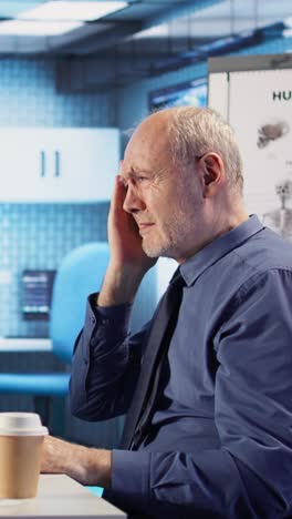 man experiencing headache in medical office