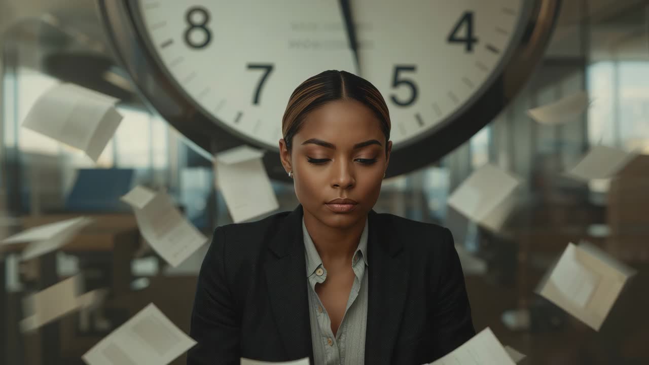 Sitting Black professional in dark blazer holding gaze as papers appearing and floating past clock