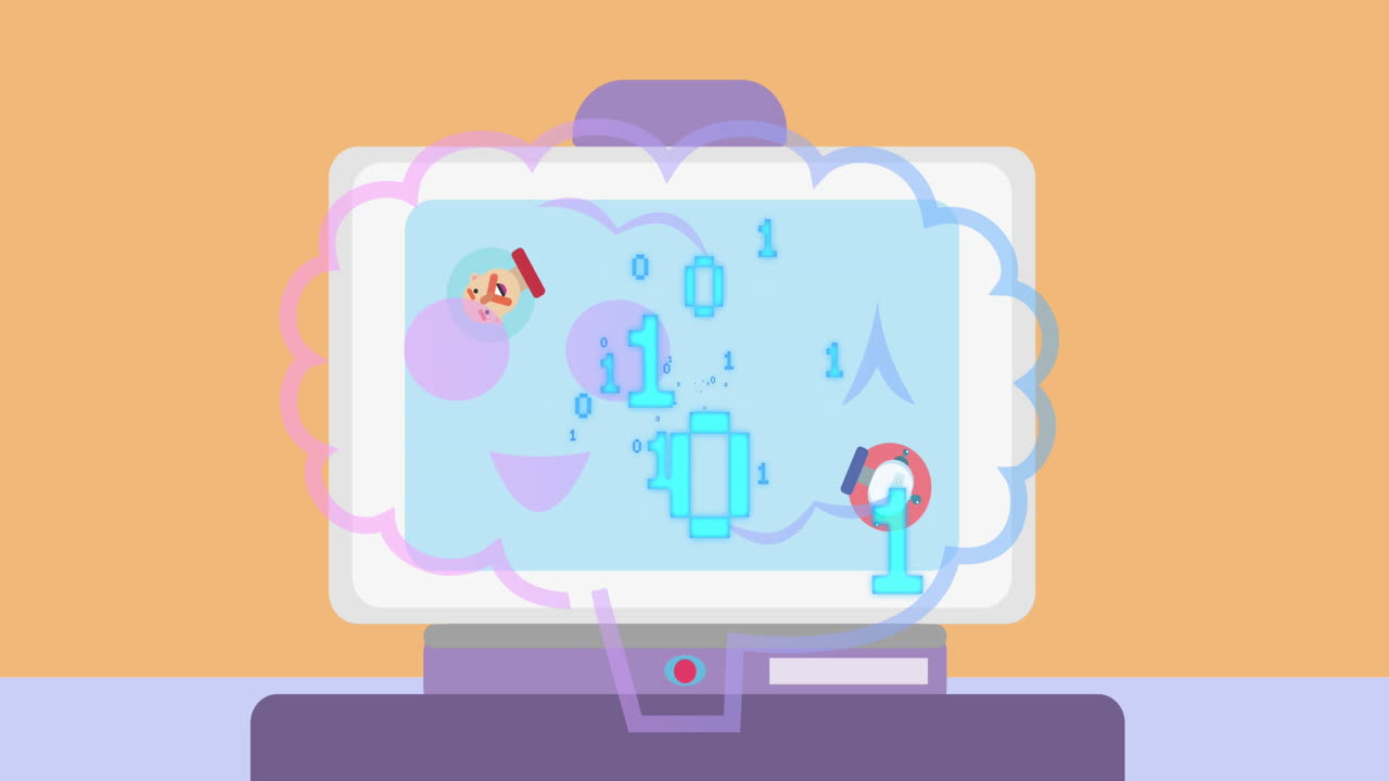 анимация двоичного кодирования, чат на компьютере и обработка данных