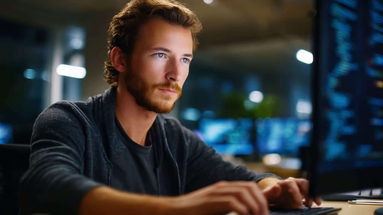 Focused man working at a computer, deep in concentration with coding on the screen, capturing a moment of technology and productivity in a modern workspace