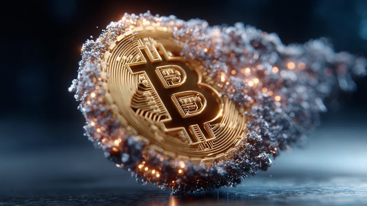 An Intricate and Dazzling Visualization of a Bitcoin Coin Surrounded by Sparkling Particles, Capturing the Essence of Digital Currency in a Stunning Artistic Render