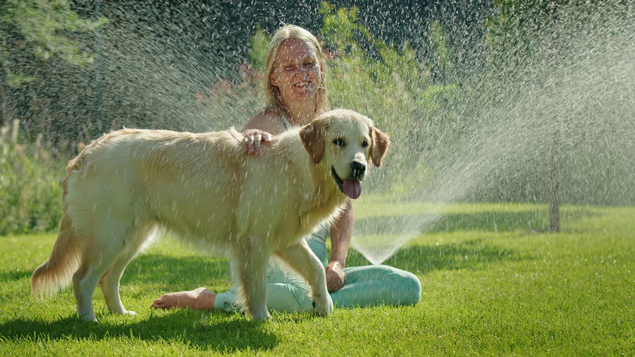 여자 와 개 가 스프링클러 로 놀고 있다