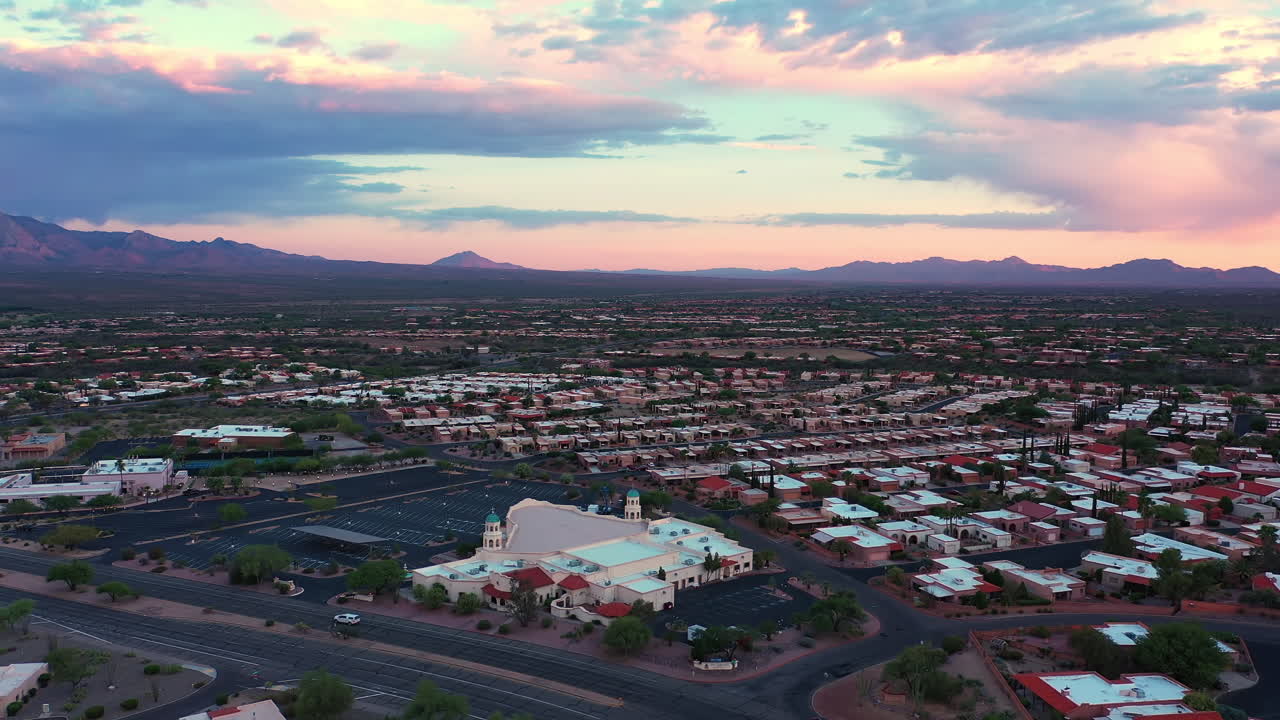 Aerial View Of Green Valley, Arizona With Santa Rita Mountains In Background - drone shot