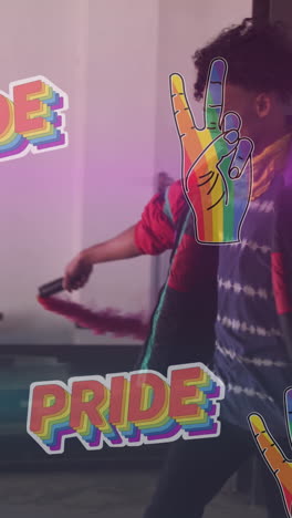 animación del orgullo y las manos del arco iris sobre el manifestante afroamericano con humo