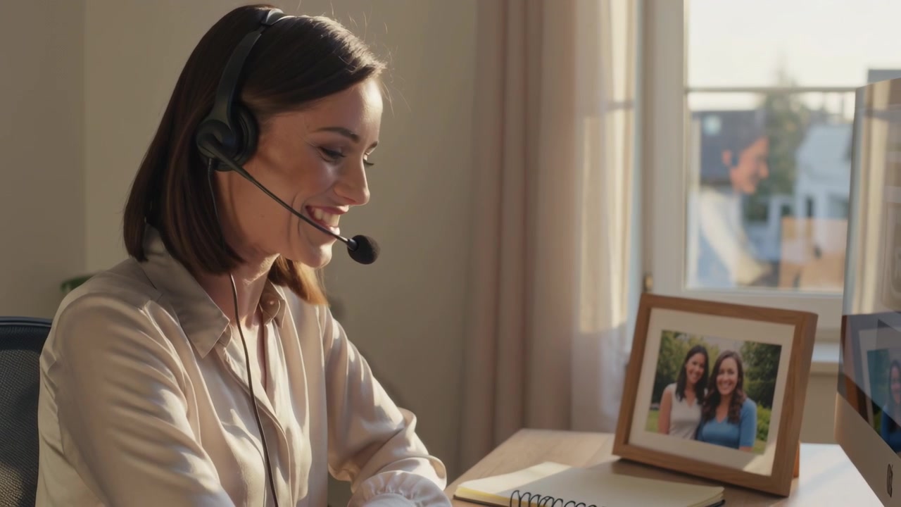 Donna in camicetta che risponde a una chiamata in arrivo, parla nell'auricolare nel suo ufficio domestico, assistendo un cliente.