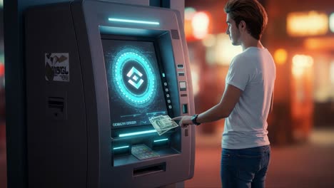 a young man interacts with a modern cryptocurrency atm, withdrawing cash while illuminated by the futuristic interface displaying digital currency options in a vibrant urban setting