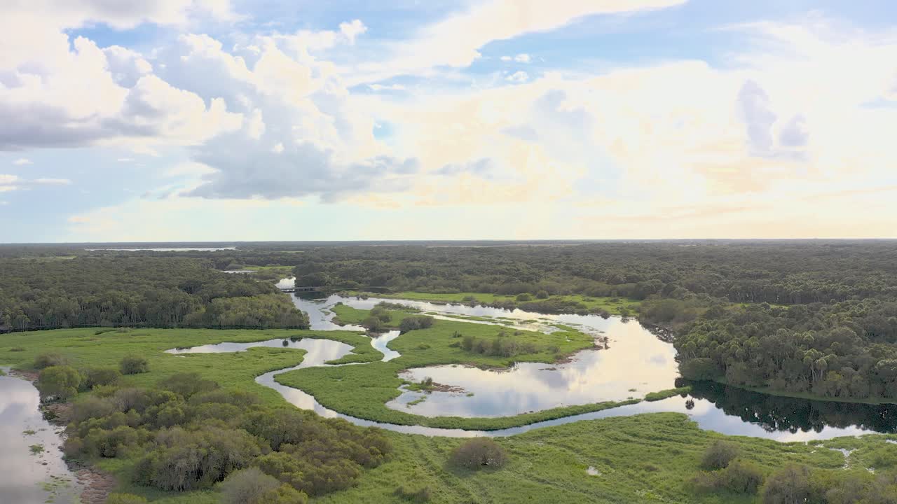 Riprese aeree con drone catturano un fiume tortuoso che serpeggia attraverso una vasta zona umida, riflettendo il cielo azzurro brillante e le nuvole sparse. Myakka River State Park Florida