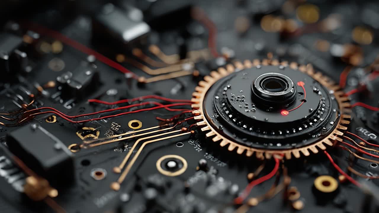 Intricate Close-Up of a Circuit Board with Gold Accents and Wiring, Showcasing the Complexity and Detail of Modern Electronic Components and Technologies