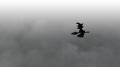 Halloween-Animation,-Schwarze-Hexe-Fliegt-Auf-Besen-über-Nebligen-Farbverlauf-Hintergrund,-Weiß-Und-Schwarz