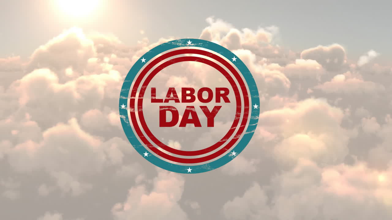 Animazione del testo della Festa del Lavoro su nuvole e sole