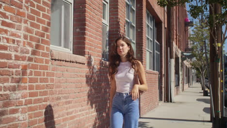 Brunette-have-active-leisure-going-street.-Asian-girl-walking-near-brick-wall