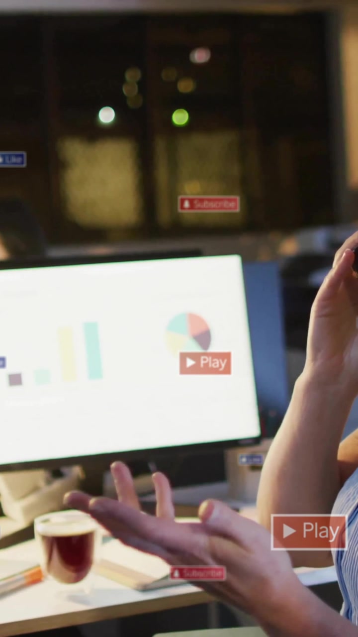 Talking on phone, businesswoman with animation of digital media icons in office
