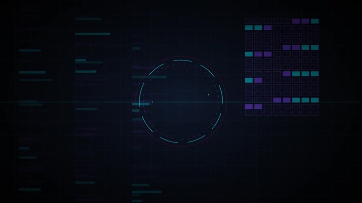 Futuristisk digital grænseflade med roterende cirkulær HUD og datavisualisering