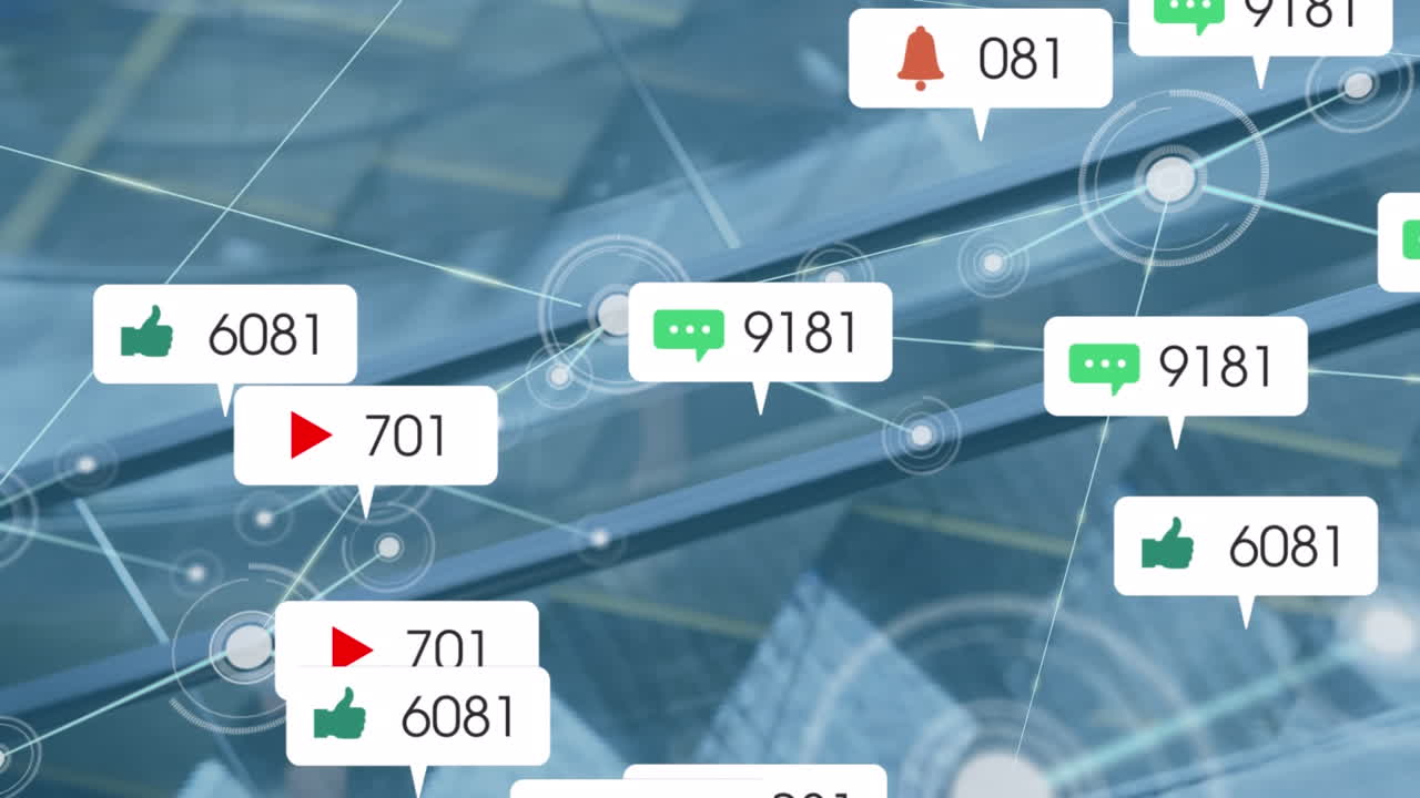 소셜 미디어 아이콘의 애니메이션과 에스컬레이터를 사용하는 다양한 사업가에 대한 연결 네트워크