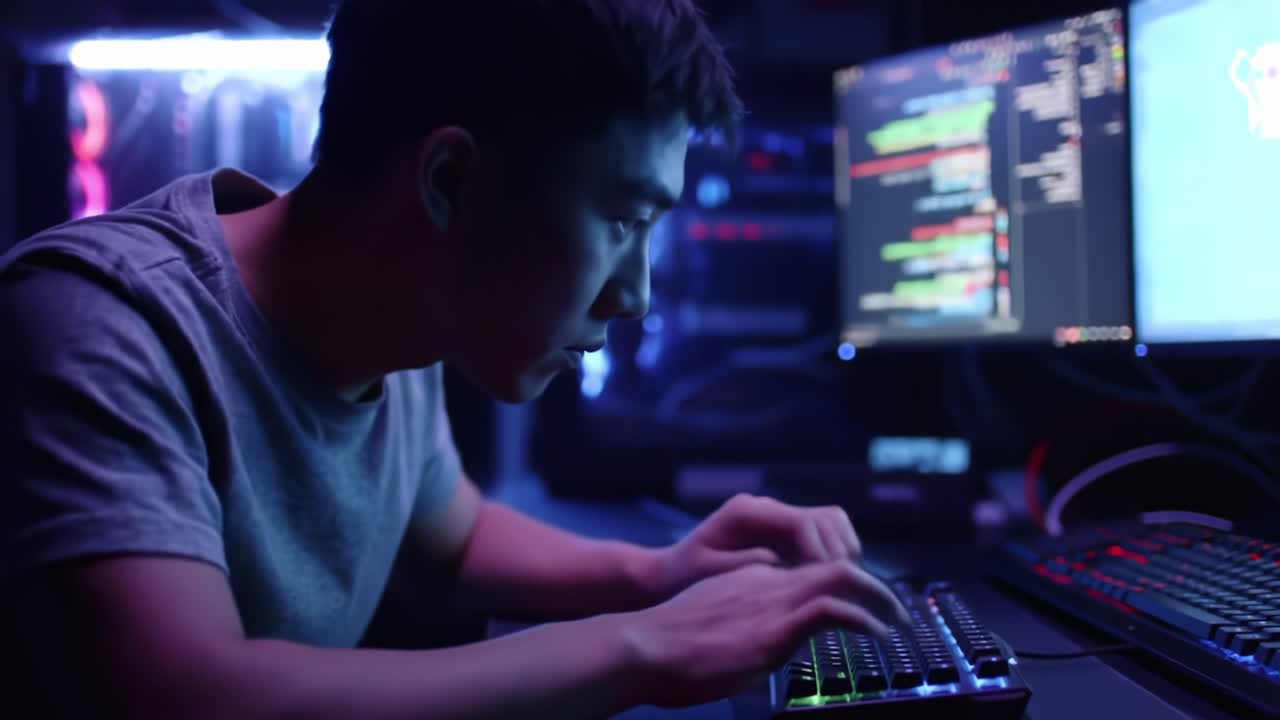 Focused Programmer Engaged in Coding in a Dimly Lit Room with Multiple Screens Displaying Lines of Code and Gaming Elements