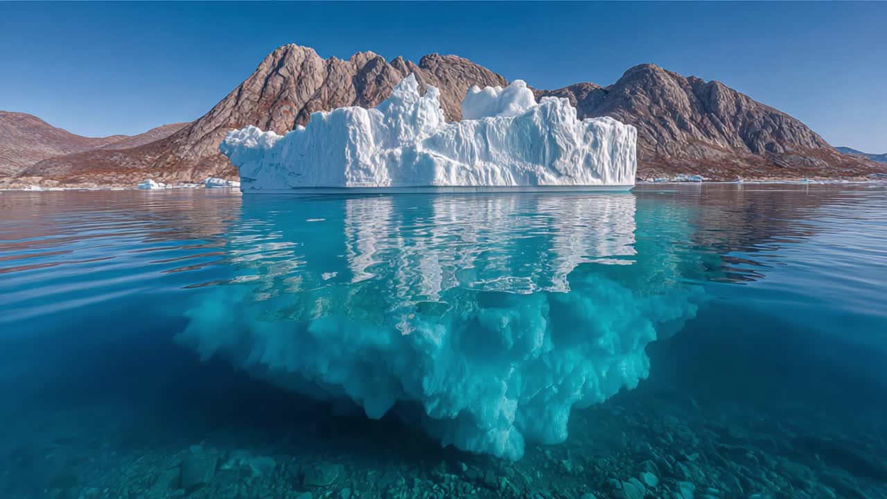 Breathtaking Serene Landscape Featuring a Majestic Iceberg Rising Above Crystal Clear Waters Surrounded by Stunning Rocky Mountains Under a Brilliant Blue Sky