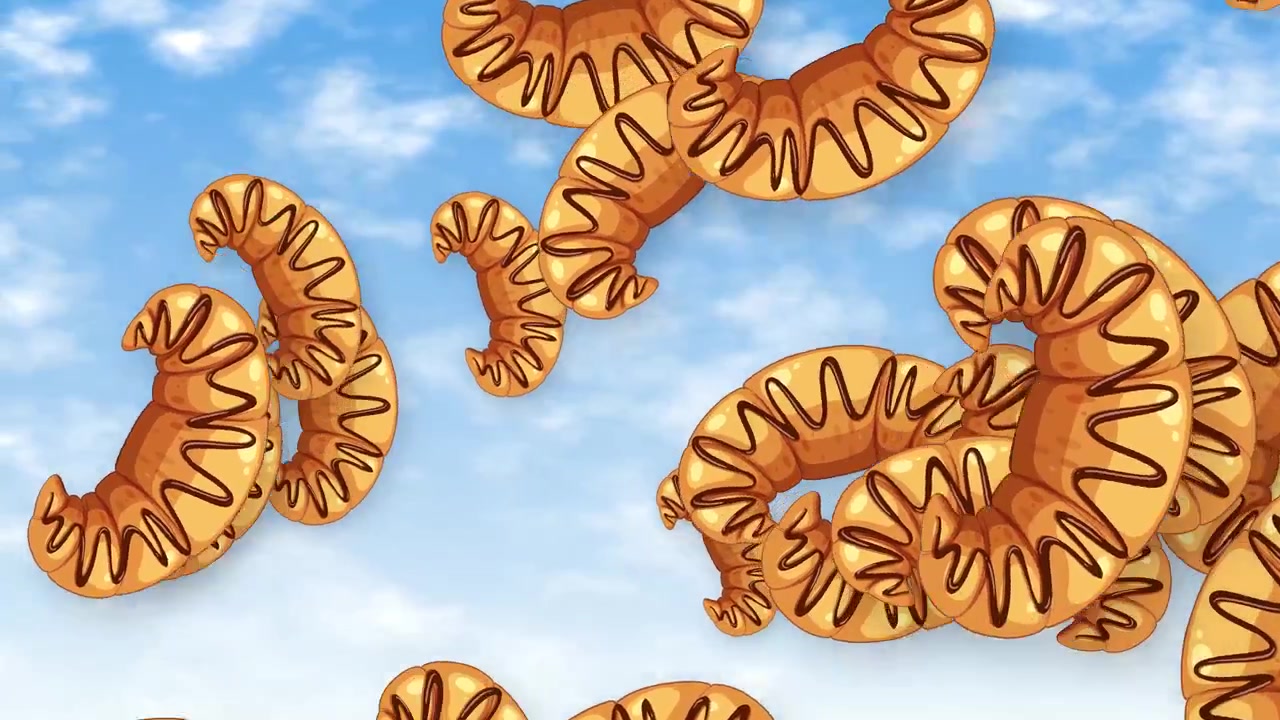 Cornetti animati con colatura di cioccolato cadono e rimbalzano contro un cielo azzurro brillante e nuvoloso