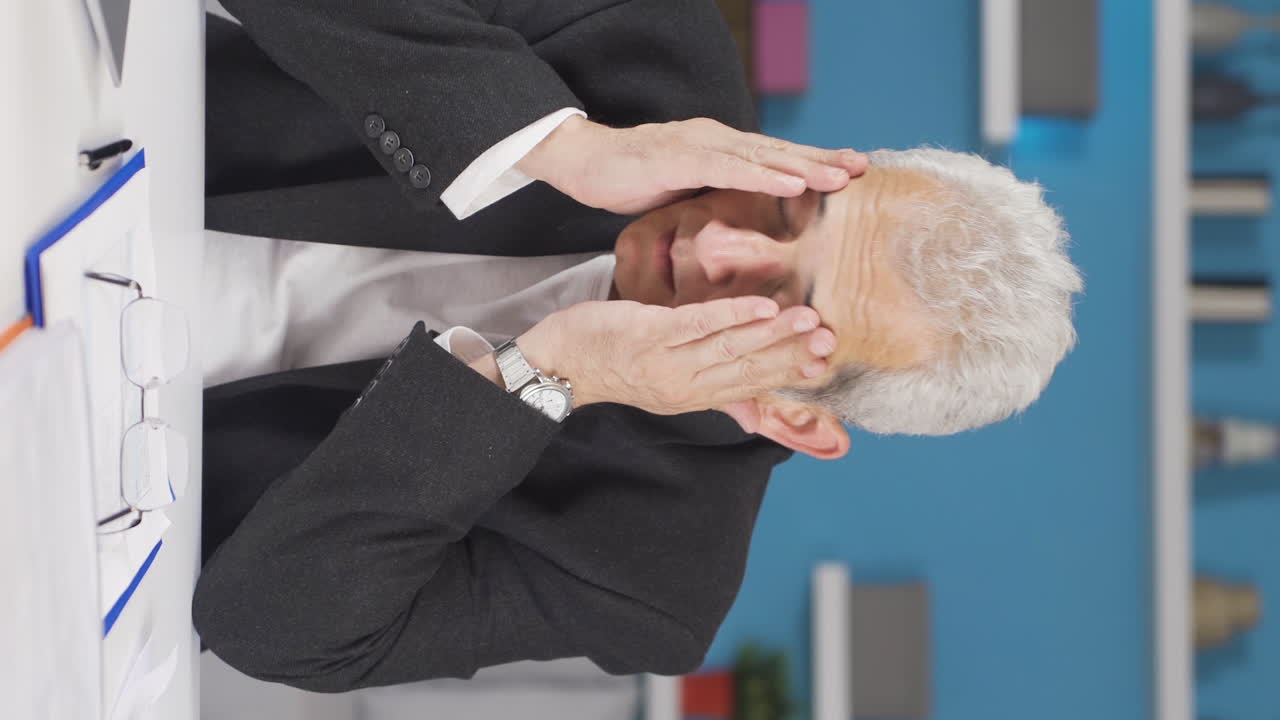 홈 오피스 근로자의 수직 비디오 남자는 피로가 있습니다.