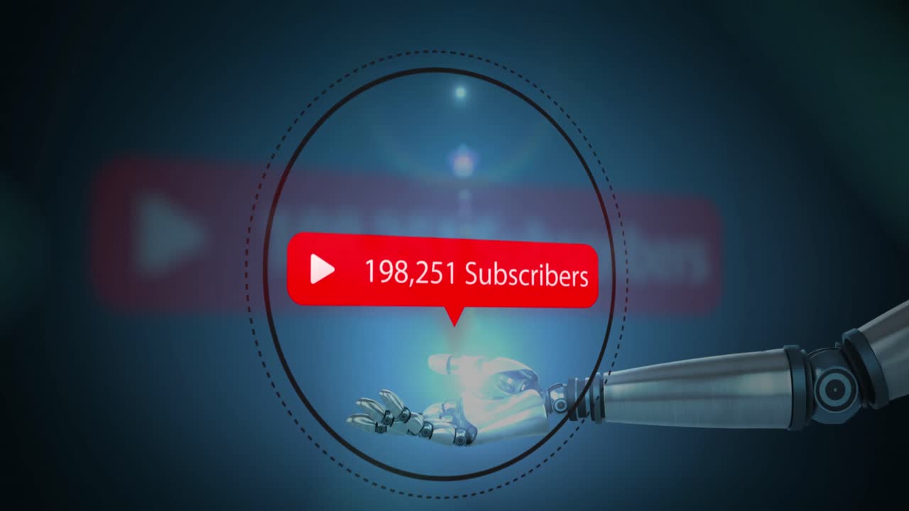 animación del brazo del robot que sostiene el círculo con la notificación de los suscriptores, el icono de reproducción y el número creciente